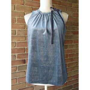 Ann Taylor Womens XS Blue Faux Velvet High Neck Ribbon Bow Sleeveless Top Blouse